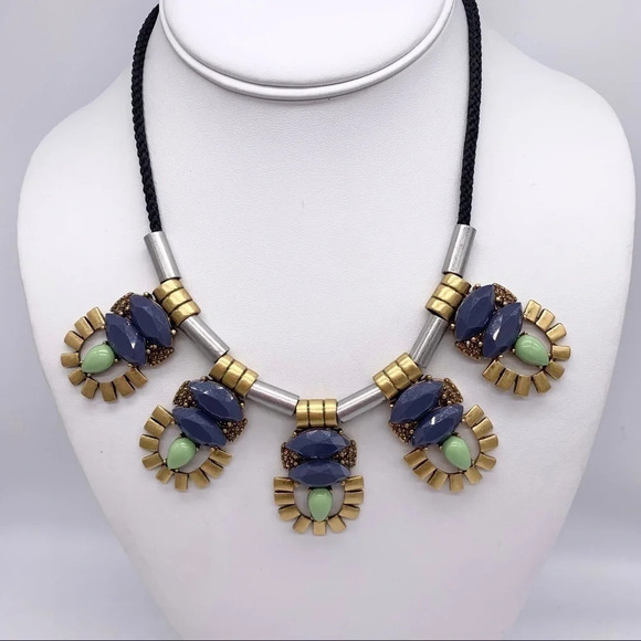 J. Crew Mixed Metal Blue Green Cord Necklace - Picture 1 of 3